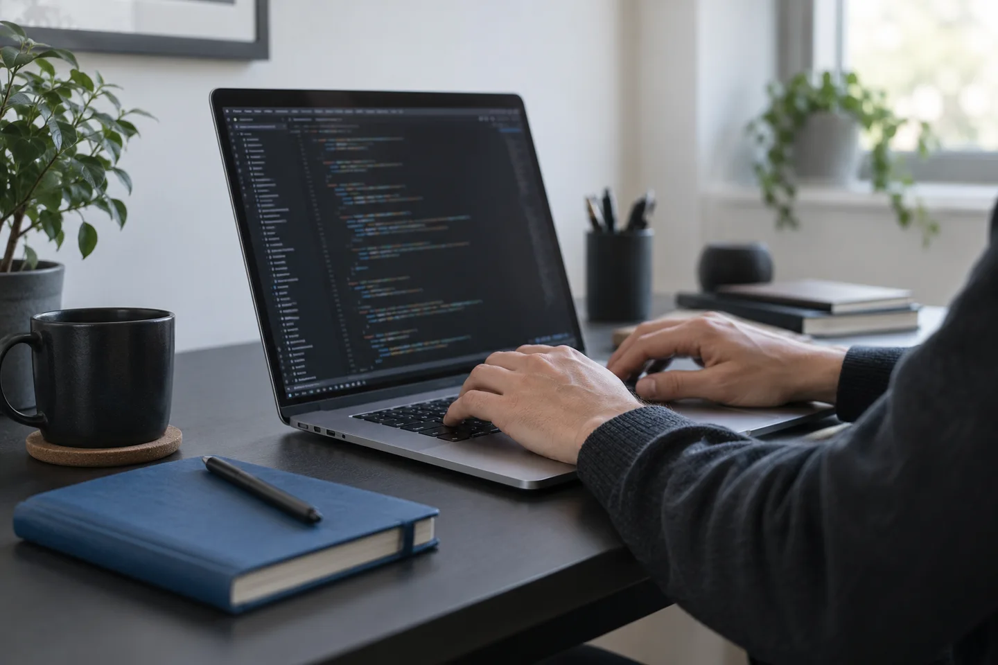 Developer working on a laptop in a tidy contemporary workspace