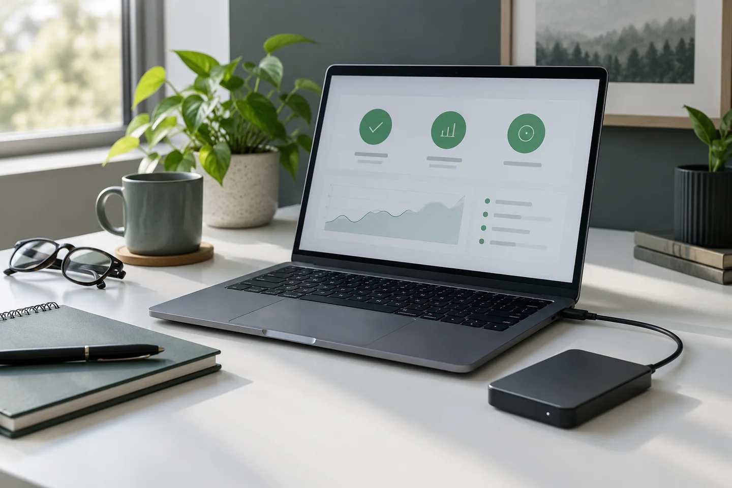 Laptop displaying a status dashboard beside an external backup drive