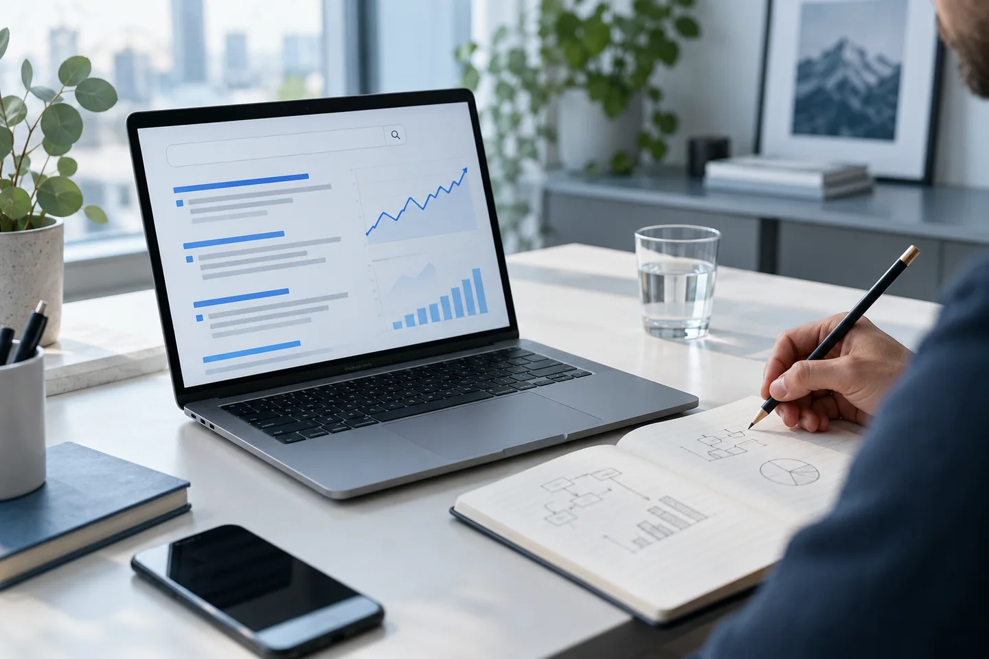 Search analysis workspace with a laptop, notebook and simple analytical graphics