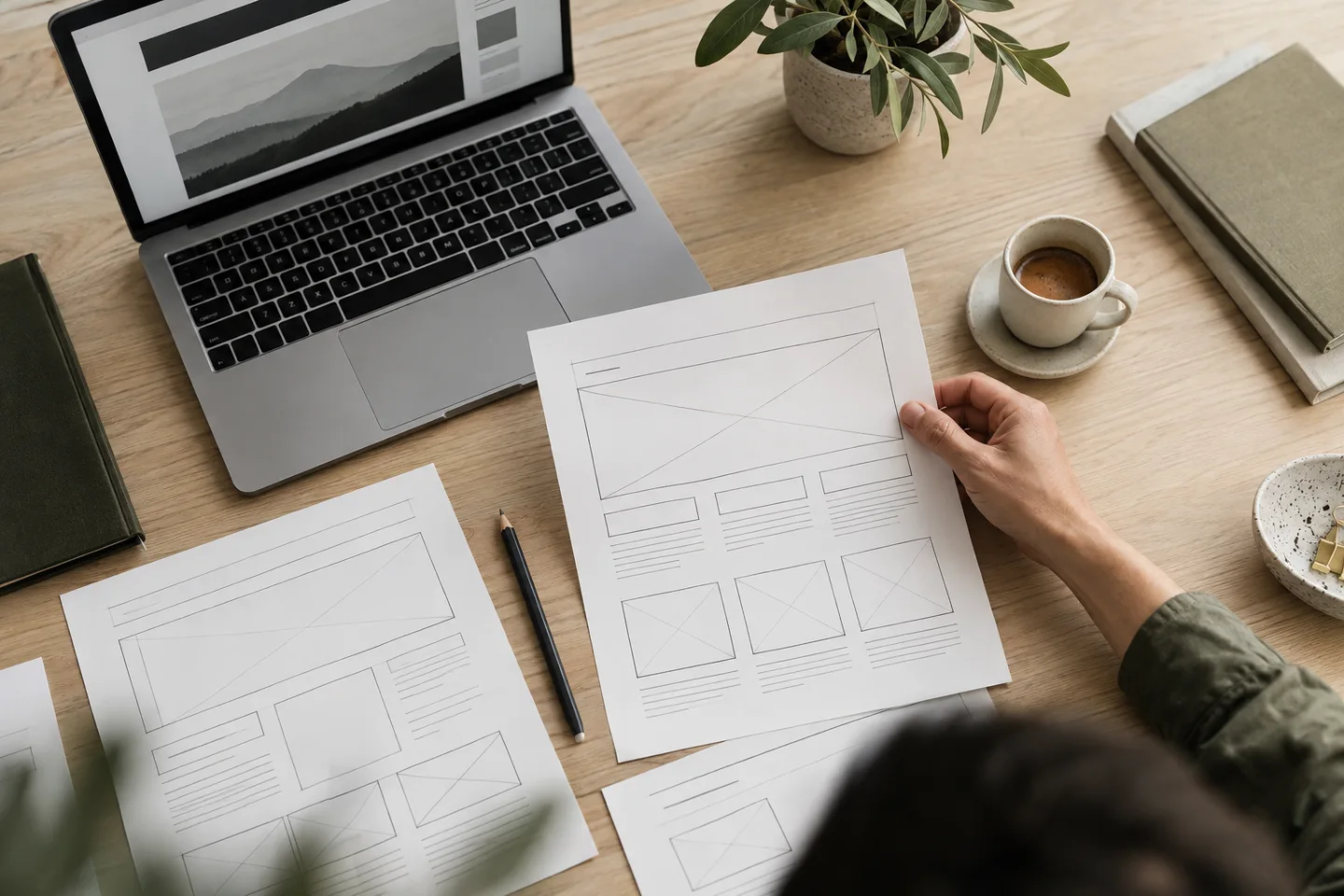 Planning a website with paper wireframes and a laptop on a desk